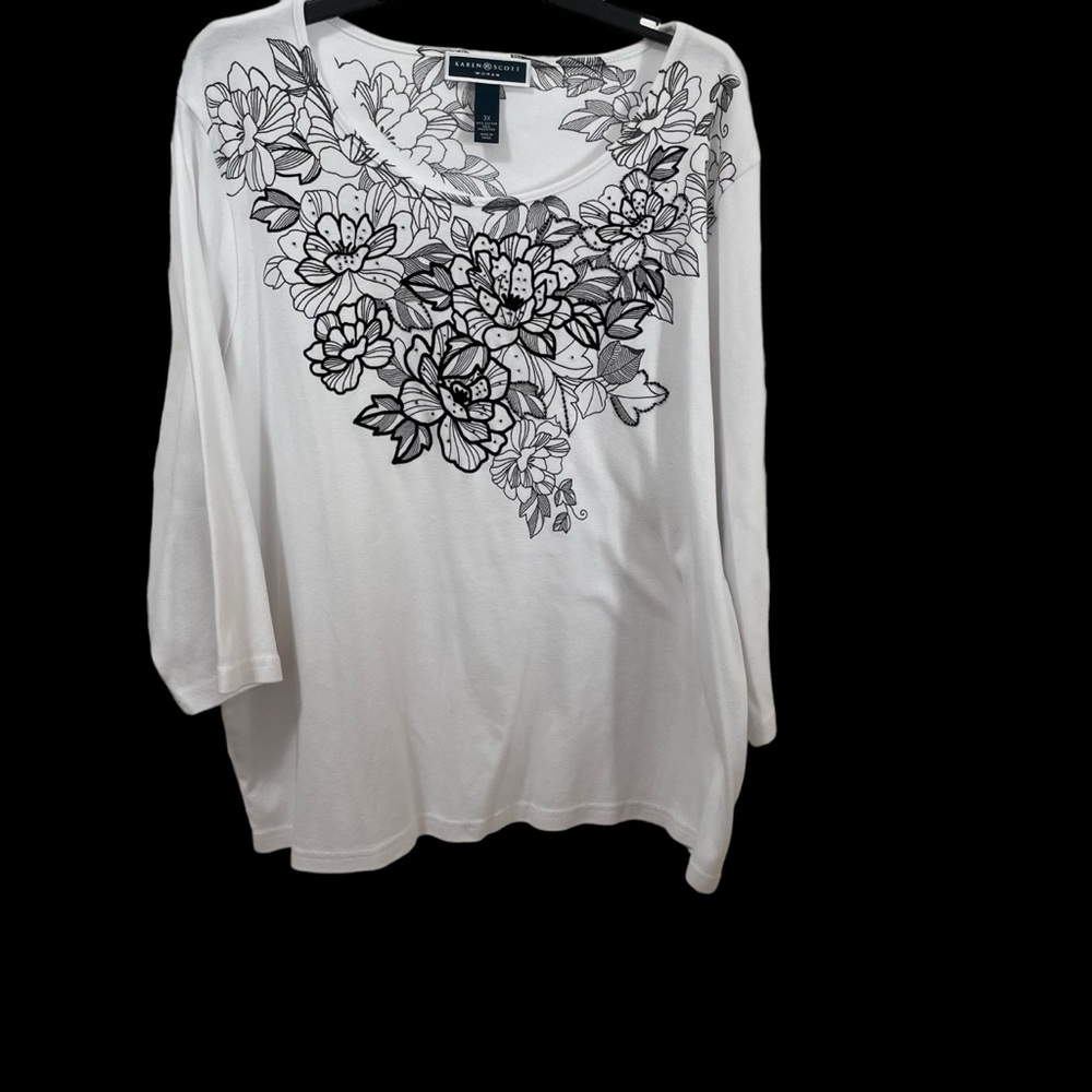Karen Scott Womens White & Black Decorative Top 60% Cotton Size 3X
